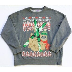 Christmas Holiday Pullover Mens L Gray Ski Sloth Slopes Crewneck Ugly Sweater